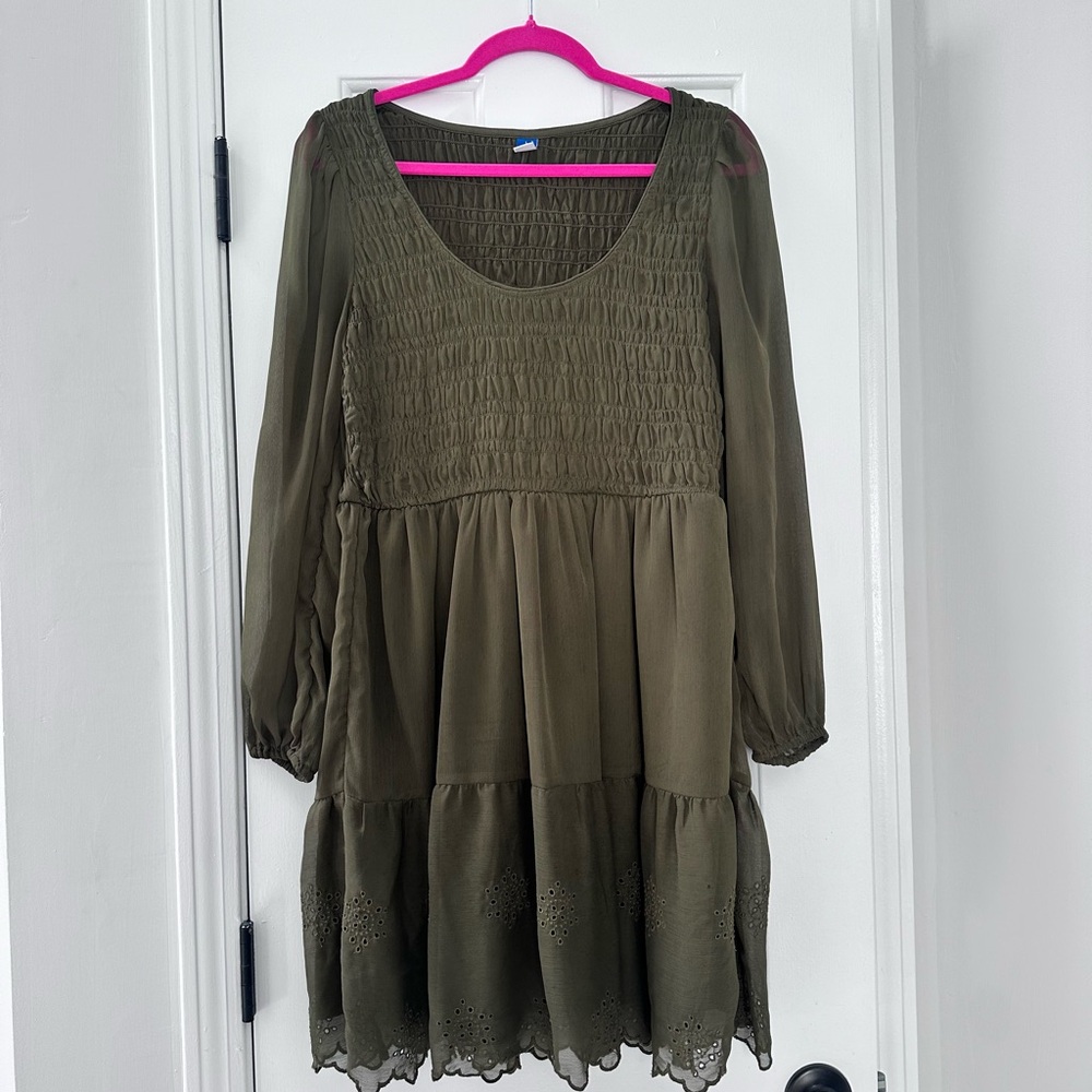 Old Navy Olive Green Long Sleeve Smocked Tiered Dress